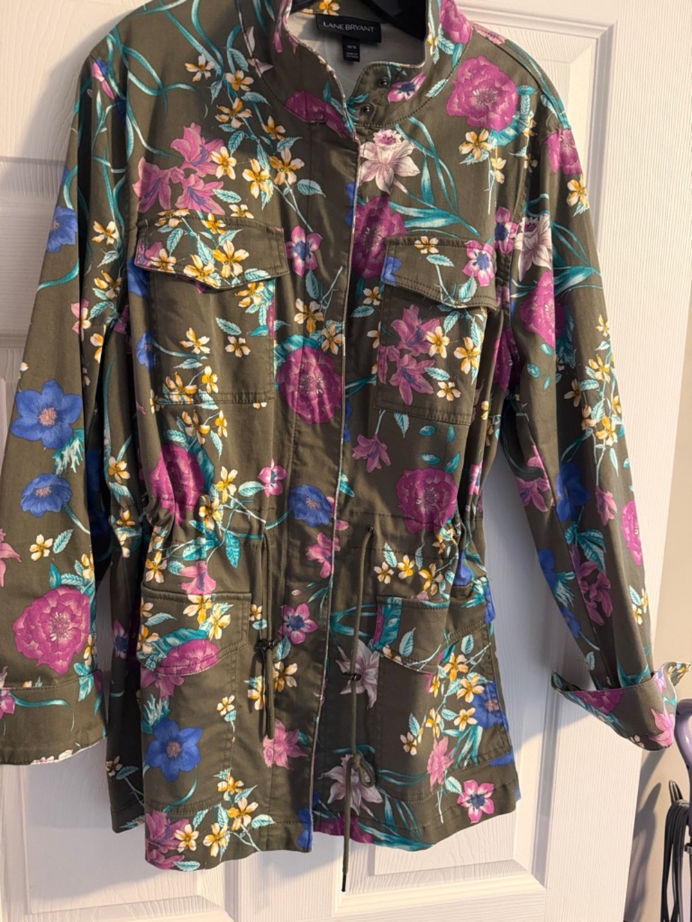 Lane Bryant Olive Green Floral Drawstring Utility Jacket